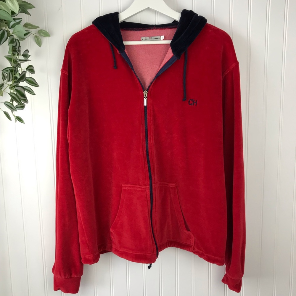 CAROLINA HERRERA Velour Track Jacket Hoodie Red XL